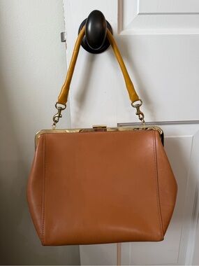 Clare V Le Big Box Cognac Frame-Top Satchel with Mustard Strap